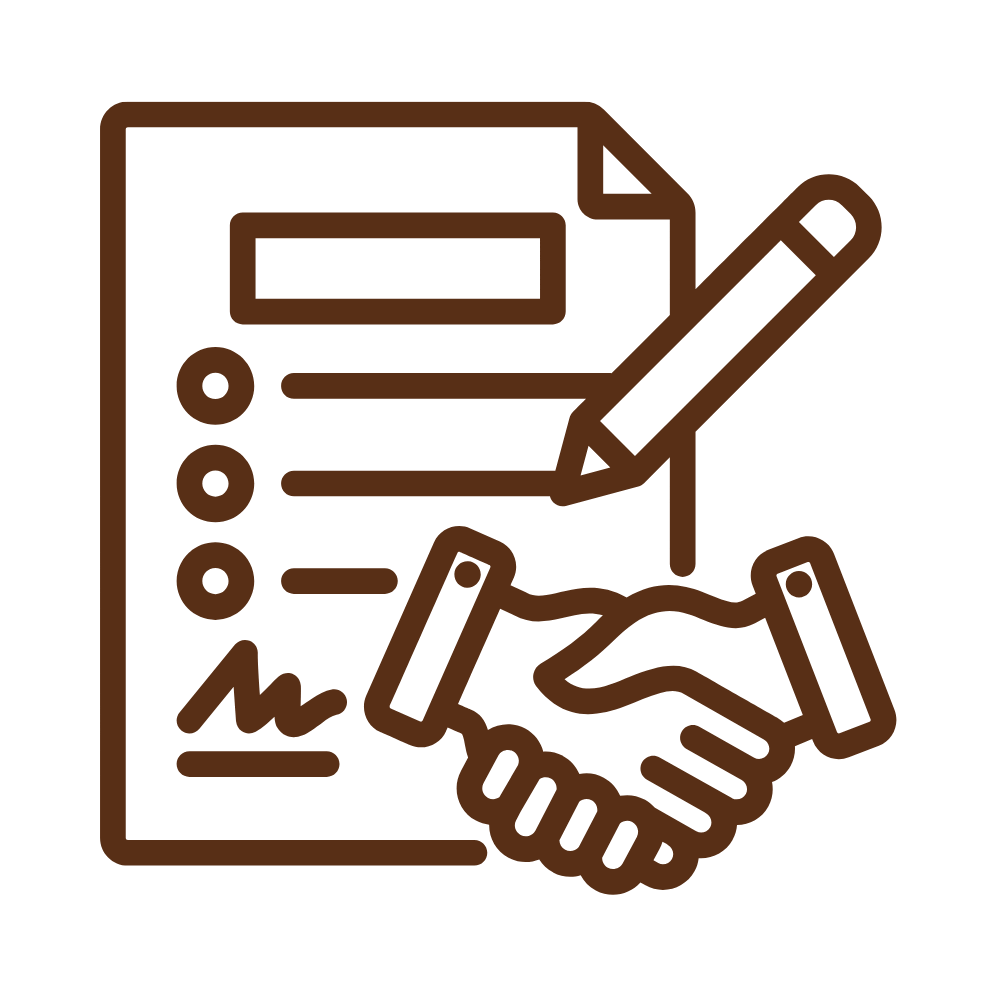 Pictogramme d'une feuille représentant un contrat et une poignée de main marron