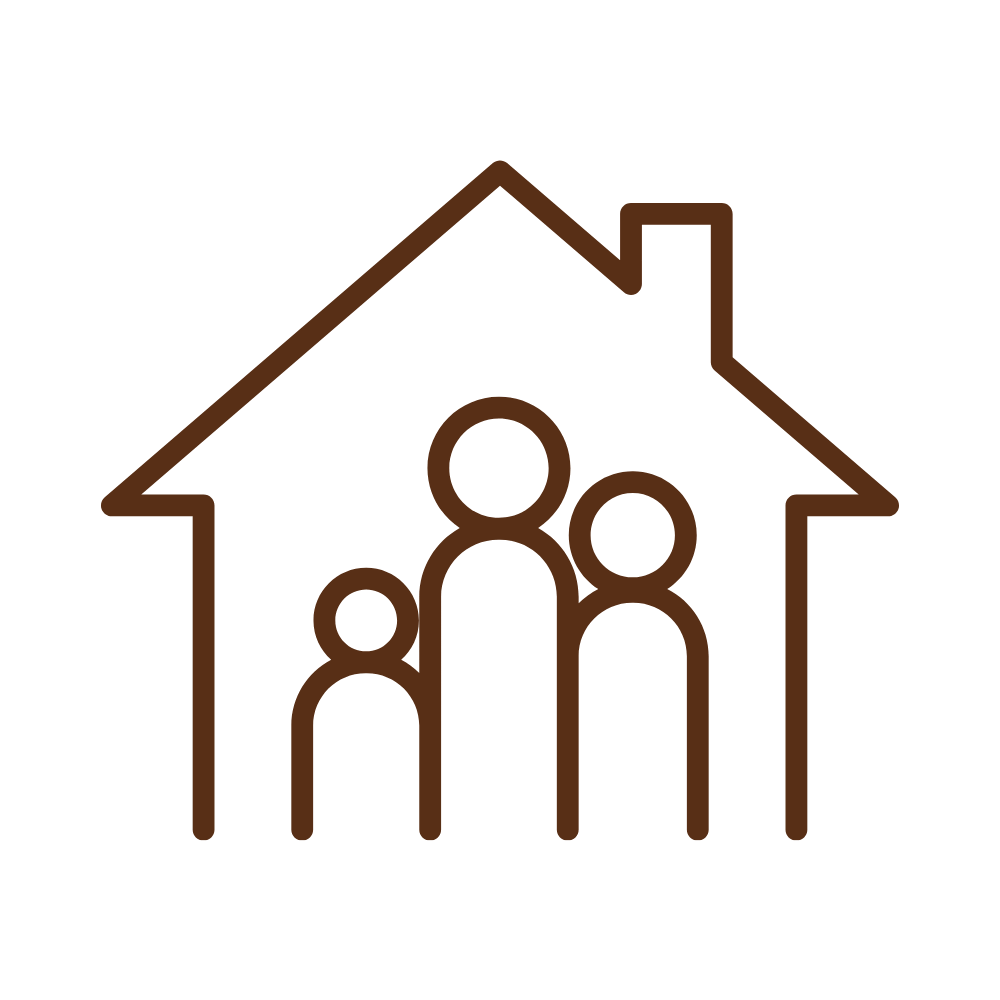 Pictogramme d'une maison avec trois personnages à l'intérieur
